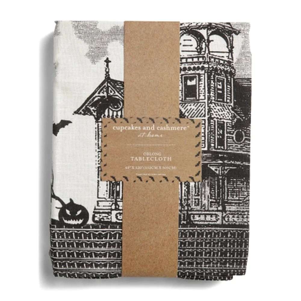 Cupcakes & Cashmere Halloween Haunted House Tablecloth 60x120 Black & White NEW